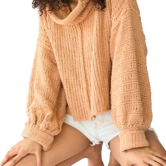 FREE PEOPLE BE YOUR COWL NECK FUZZY MUSTARD SWEATER SIZE MED - Picture 1 of 8